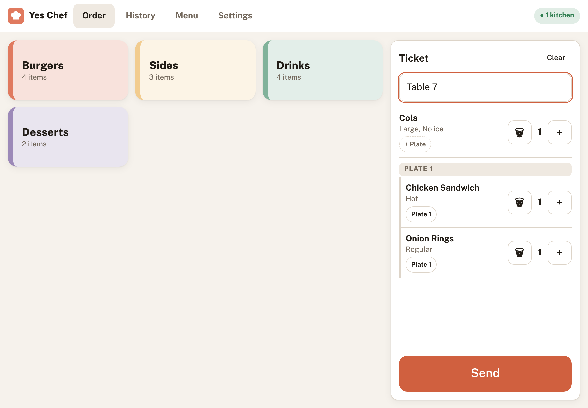 The Yes Chef order screen: category buttons on the left, a ticket for Table 7 with a Chicken Sandwich and Onion Rings grouped on Plate 1, and a big Send button.